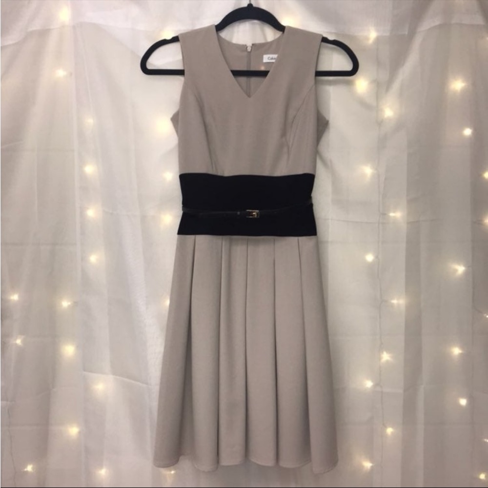 Calvin Klein Petite Sleeveless Tan and Black Dress with Belt